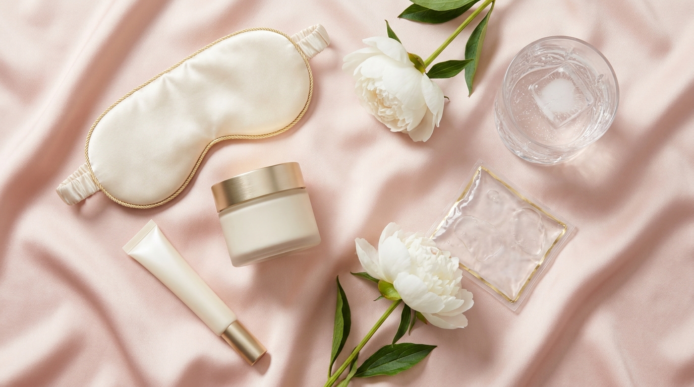 Lip filler aftercare essentials laid out on pale pink linen