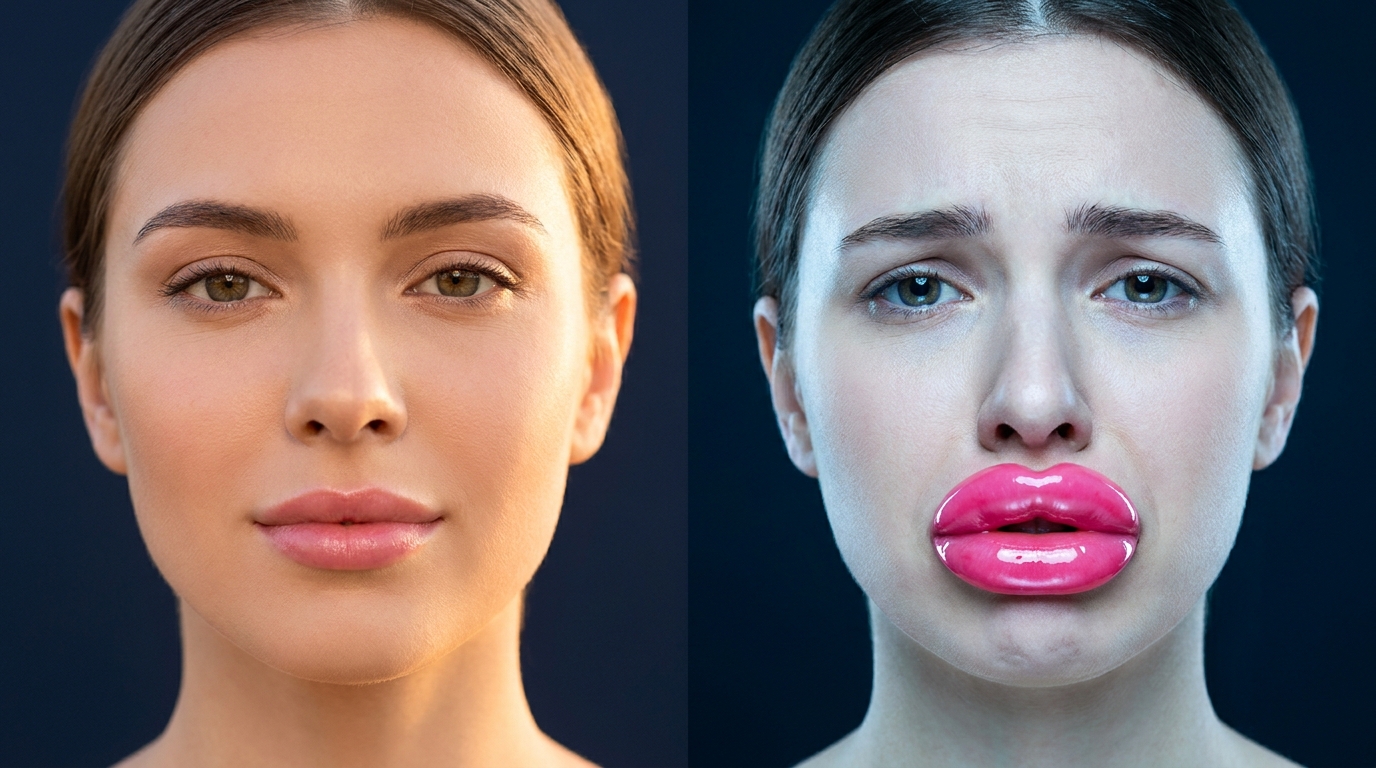 Natural lip filler on the left, overdone duck lip on the right